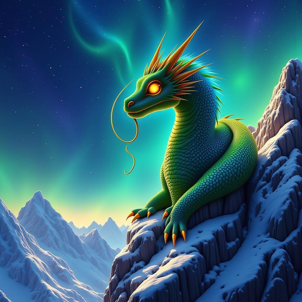 Majestic Emerald Dragon on Snowy Peak, Fantasy Art