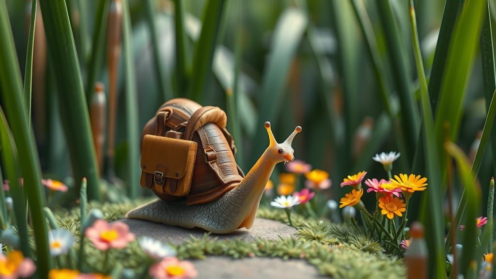 A snail wearing a tiny backpack, embarking on an epic journe...