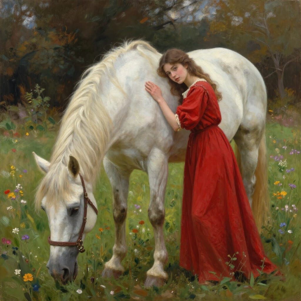 Pastoral Scene: Woman and White Horse in Prairie