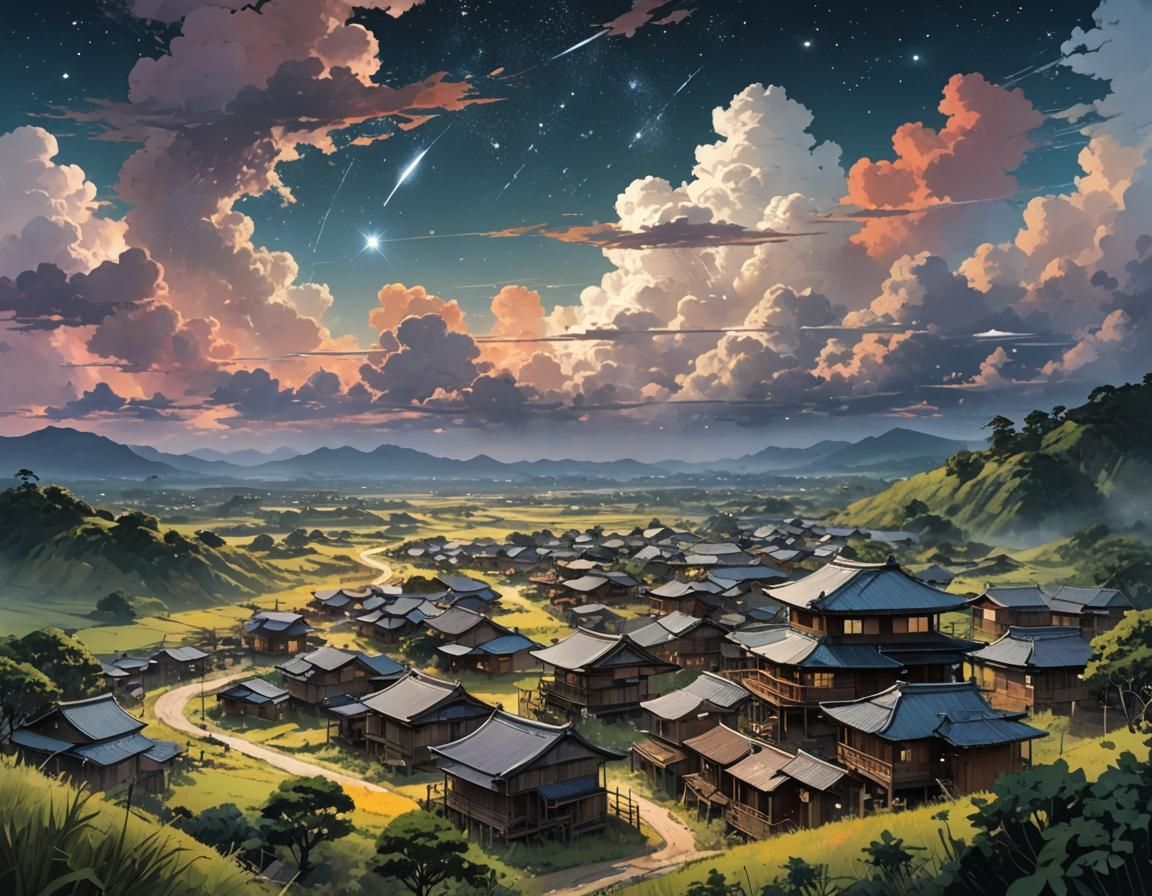 Japanese Village Under Nebula Sky, Manga Style
