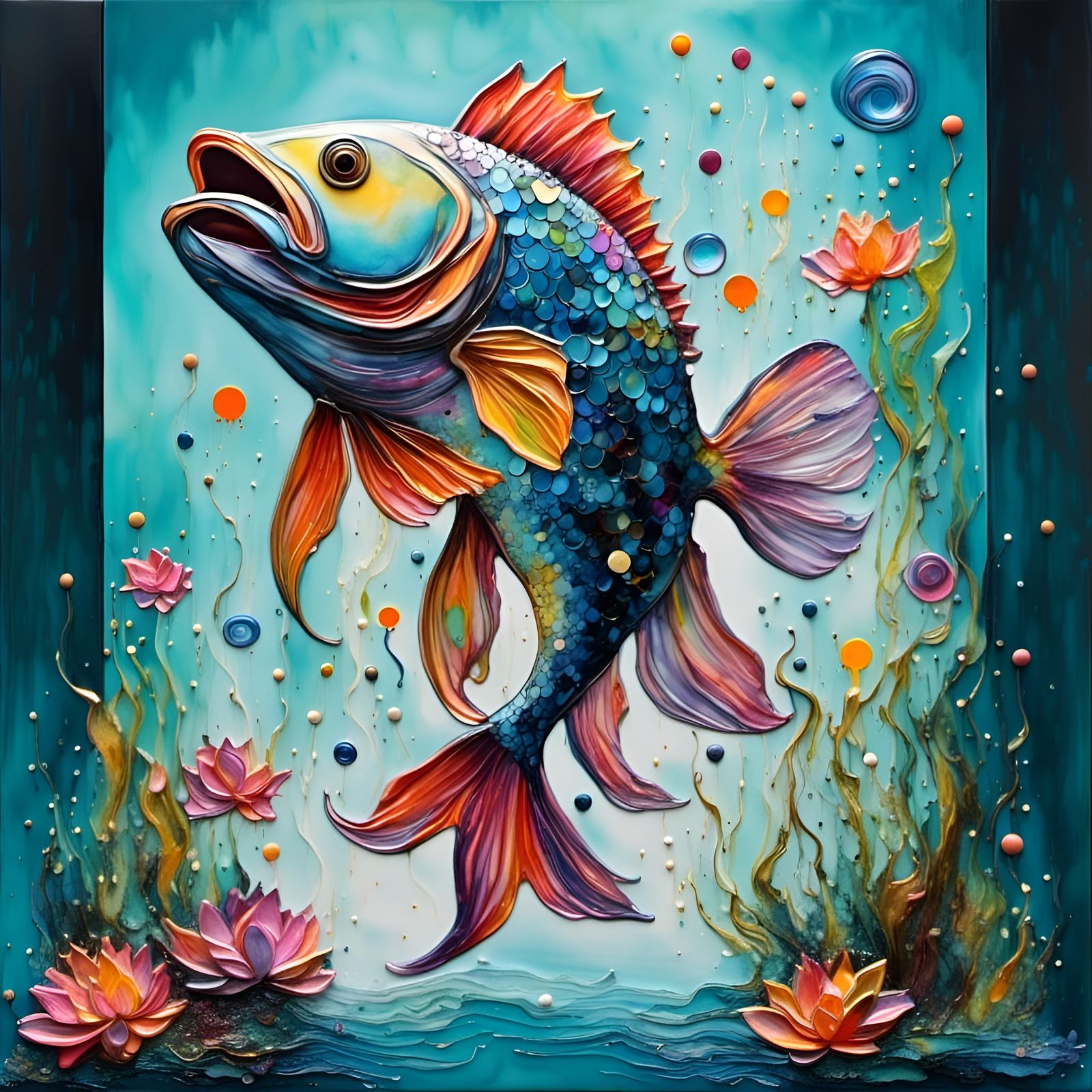 Fish Leaping from Lagoon under Swirling Sky