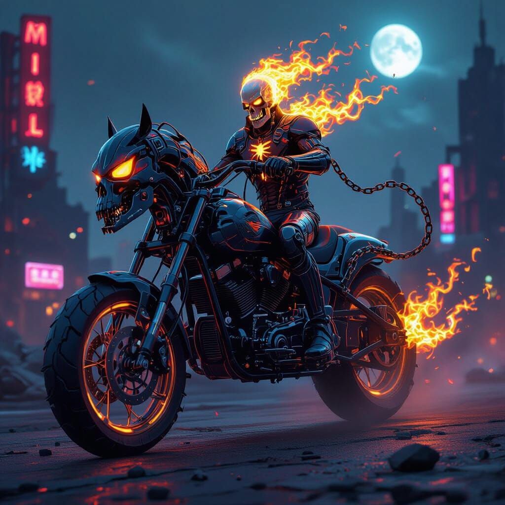 Infernal Ghost Rider on Robotic Steed in Futuristic City