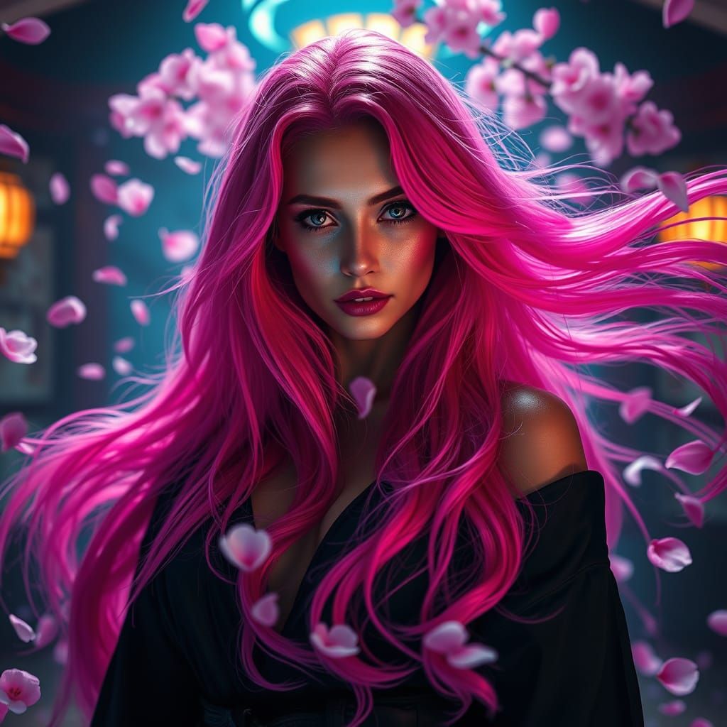 Elegant Woman in a Vaporwave Dojo with Cherry Blossoms