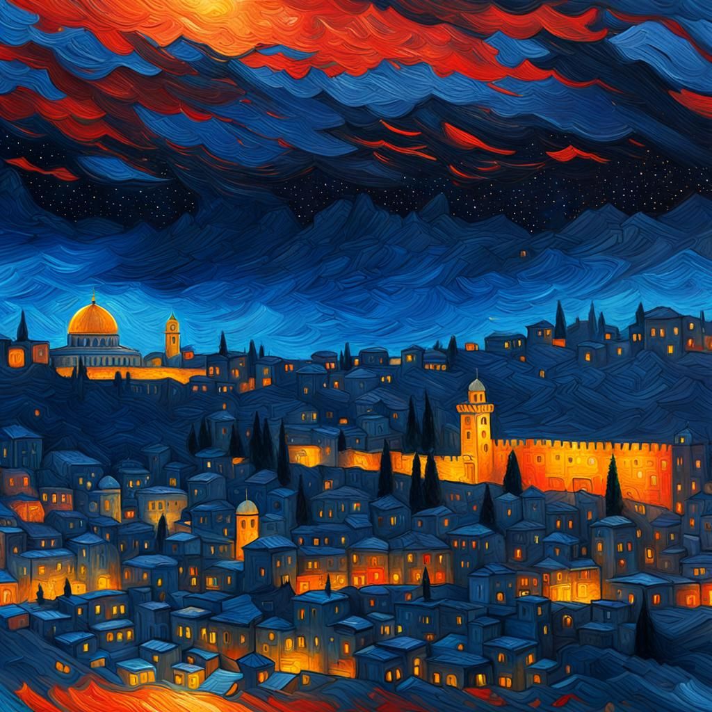 Jerusalem Under Starry Sky: Abstract Oil Sketch