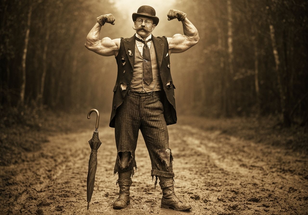 Edwardian Gentleman Flexing Biceps in Jungle Photo