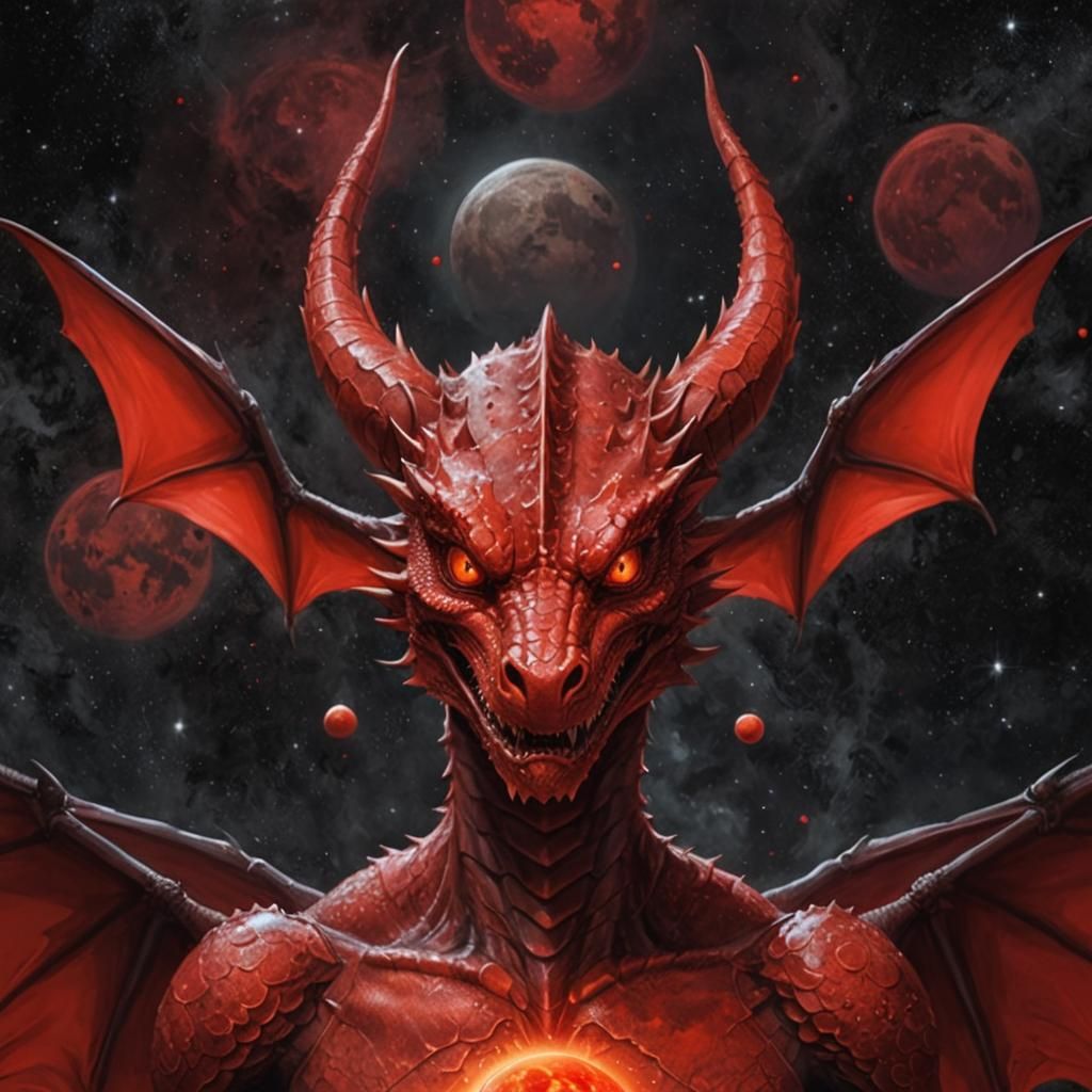 Fiery Red Dragon Portrait with Red Planetary Scene