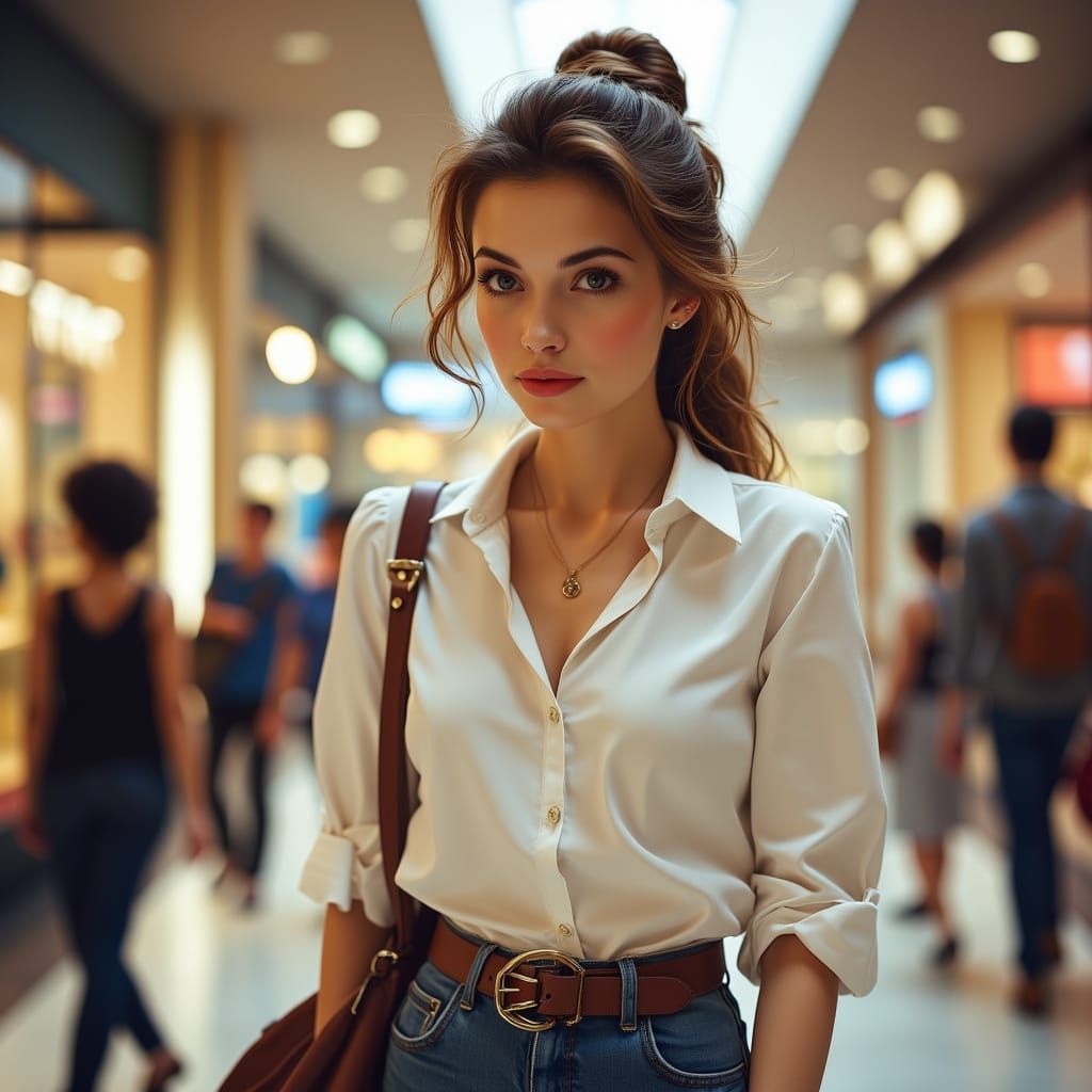 Stylish Woman in White Blouse and Jeans at Mall