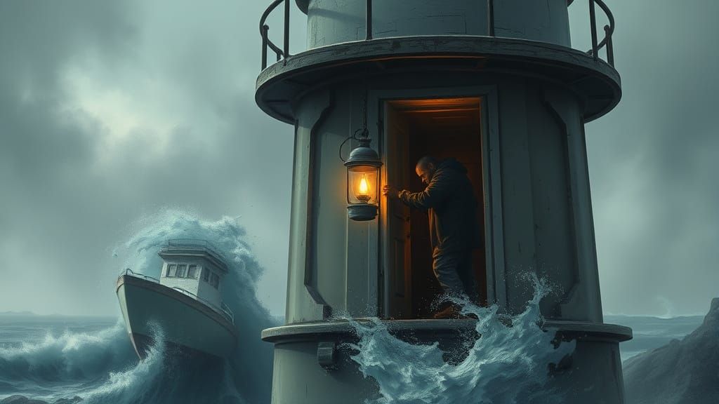 Lighthouse Keeper Tends Lamp in Stormy Tower