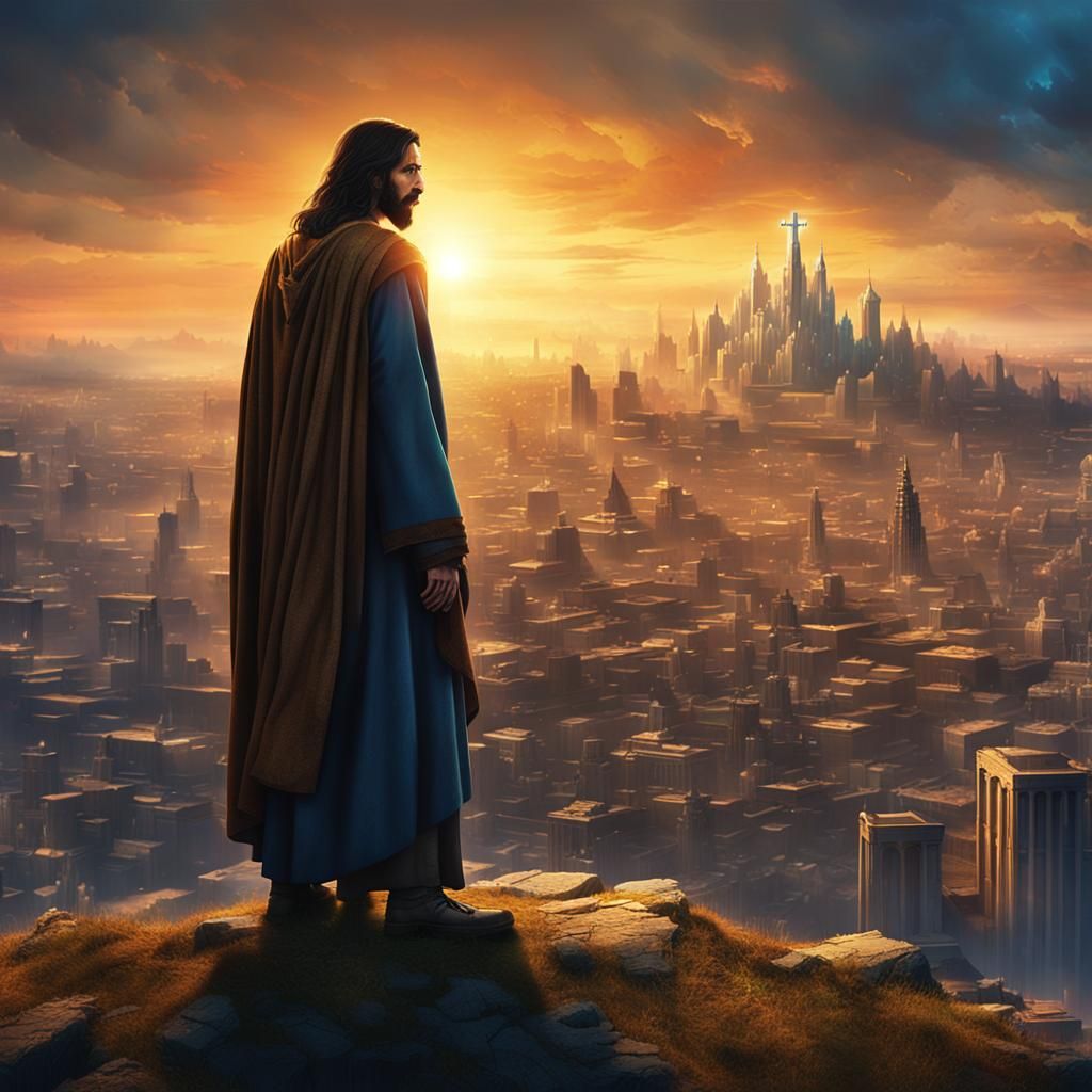 Jesus Overlooks City at Sunset: Cinematic Still