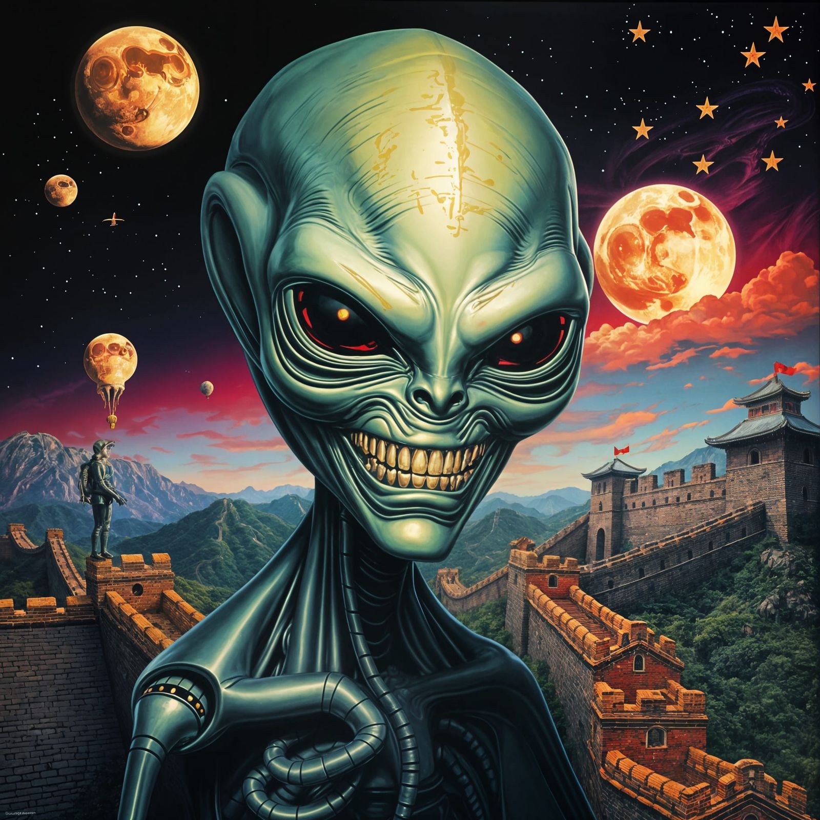 Grinning Alien near Great Wall, Surreal Silkscreen
