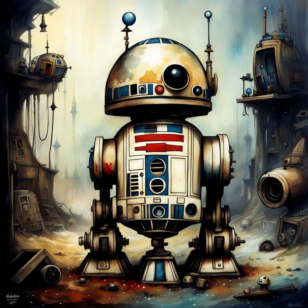 Sad Astromech Droid in Watercolor Fairytale Style