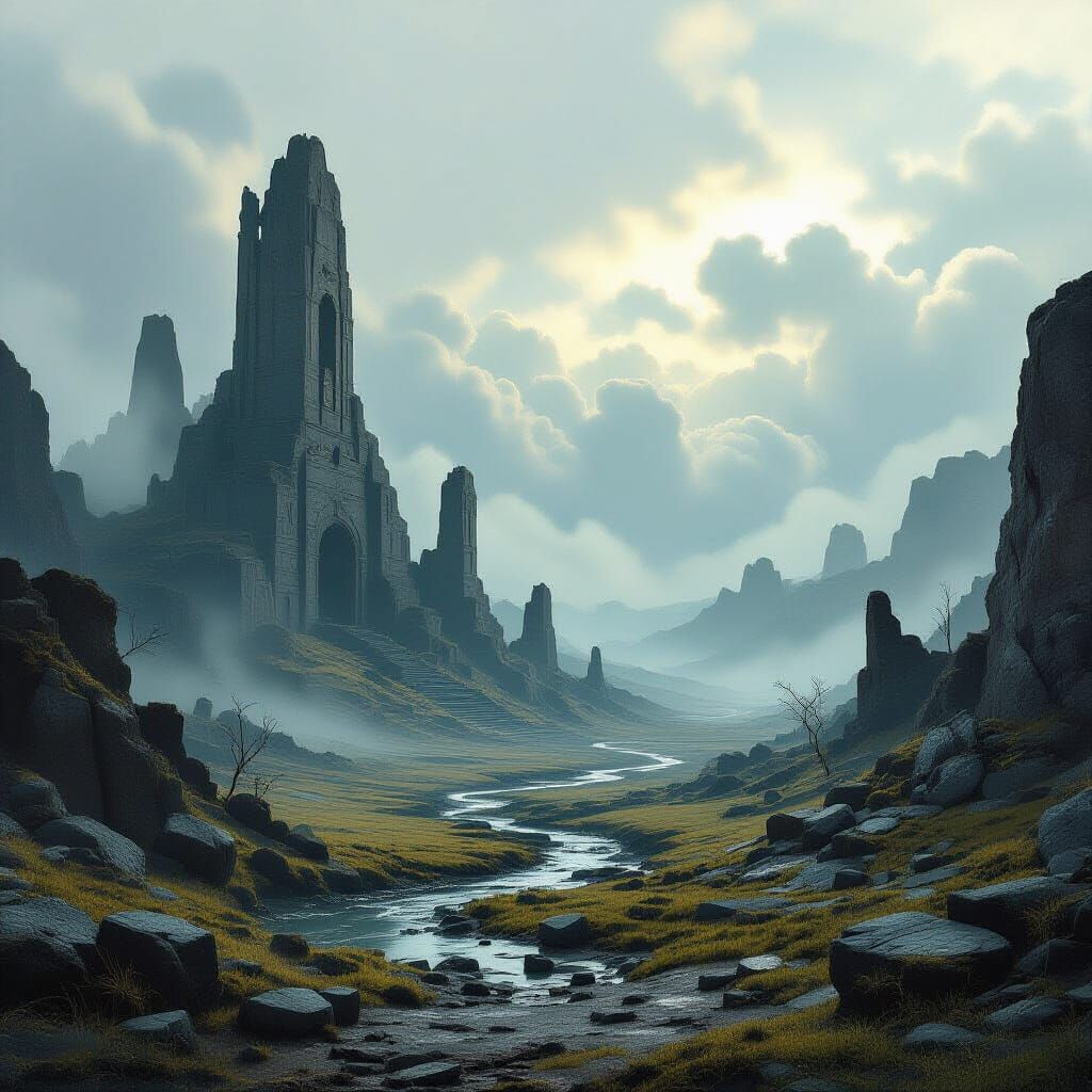 Ethereal Abandoned Landscape with Lost Civilization