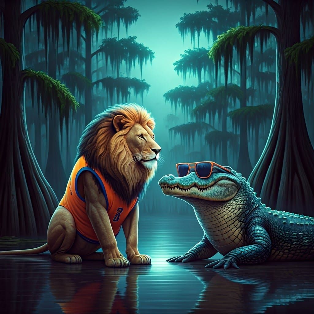 Surreal Swamp Chat: Lion and Alligator Discuss Basketball
