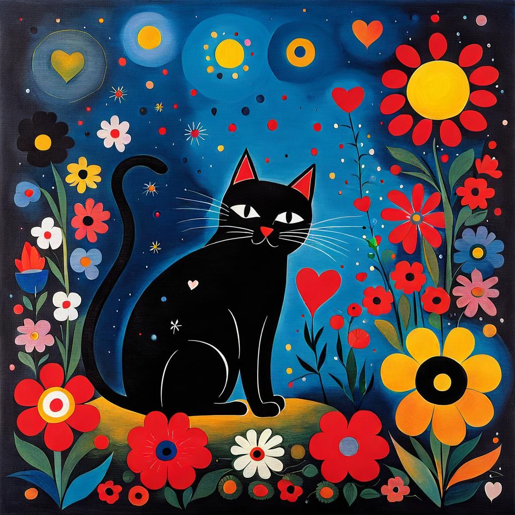 Cute Cat in a Miro-Inspired Surrealist Garden