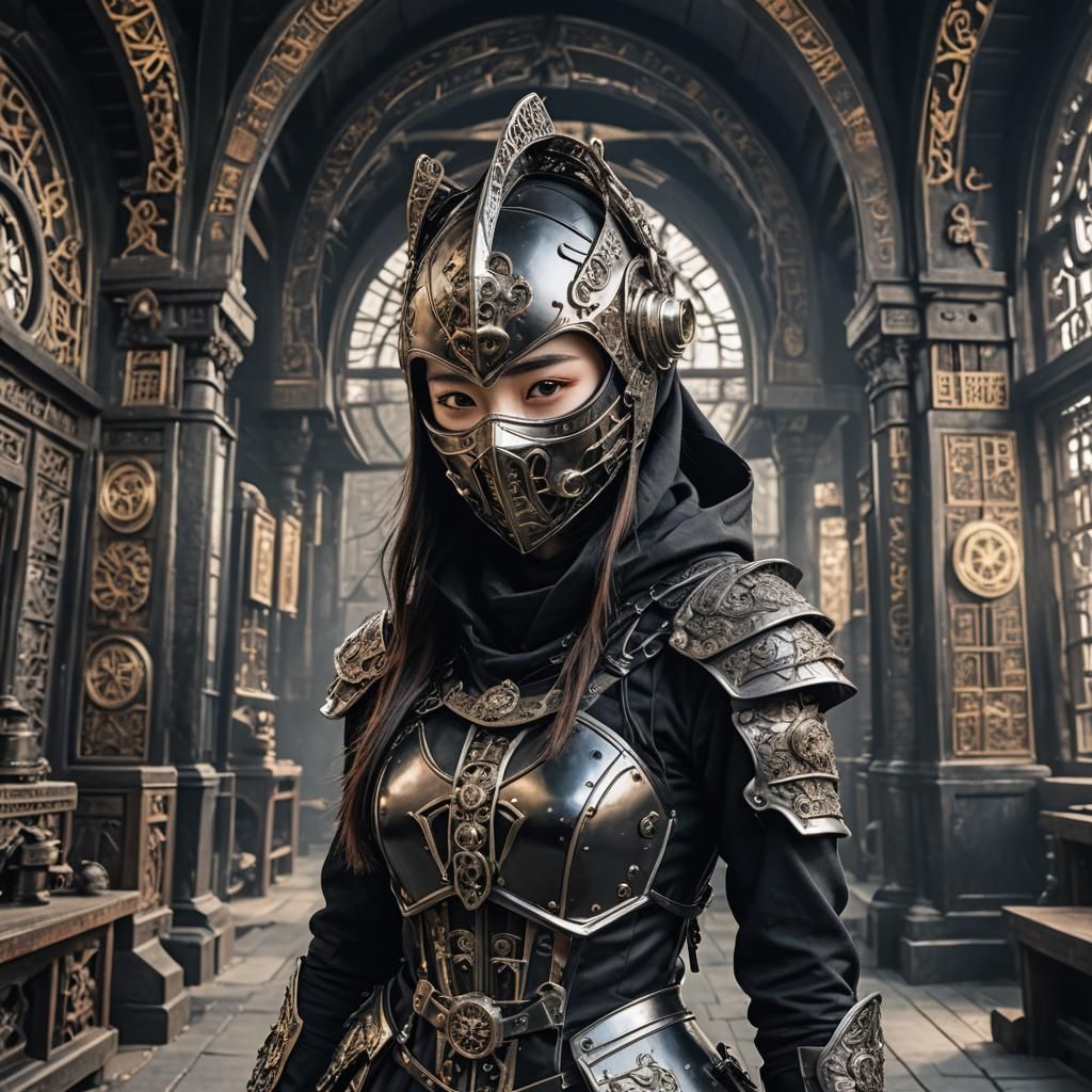 Steampunk Ninja in Steel Armor with Silver Hood