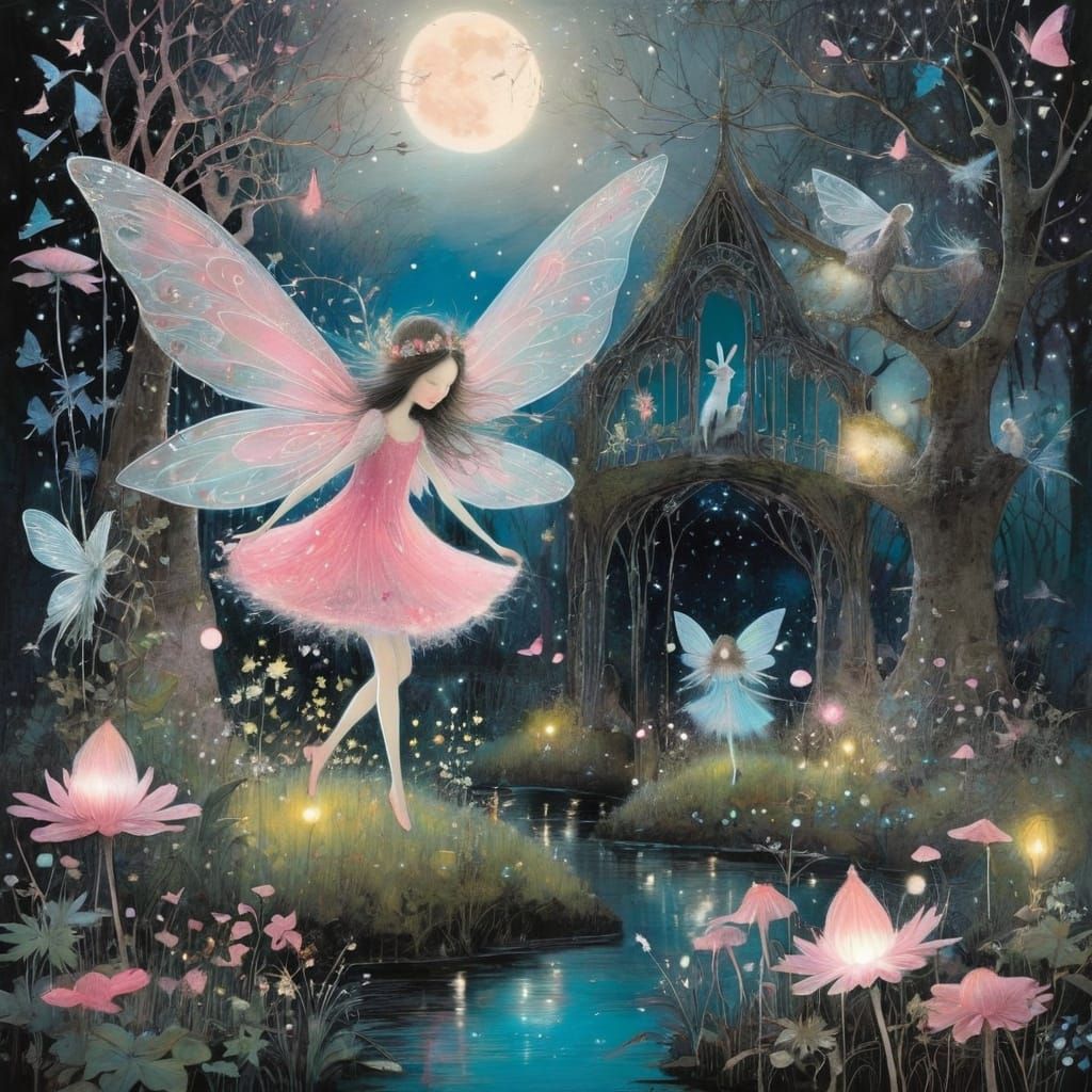 Whimsical Fairy Scene in a Vibrant Night Garden