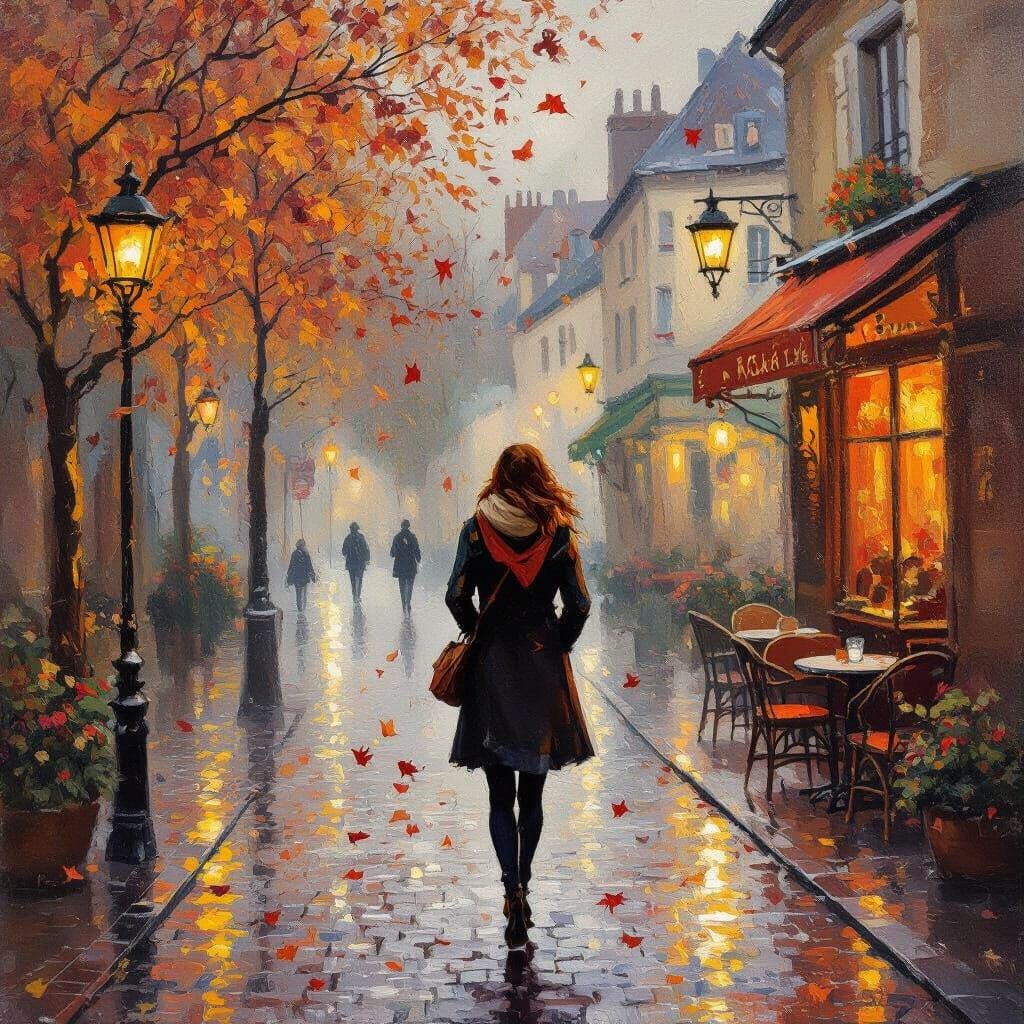 Woman in Autumn by Cozy Cafe: Impressionist Style