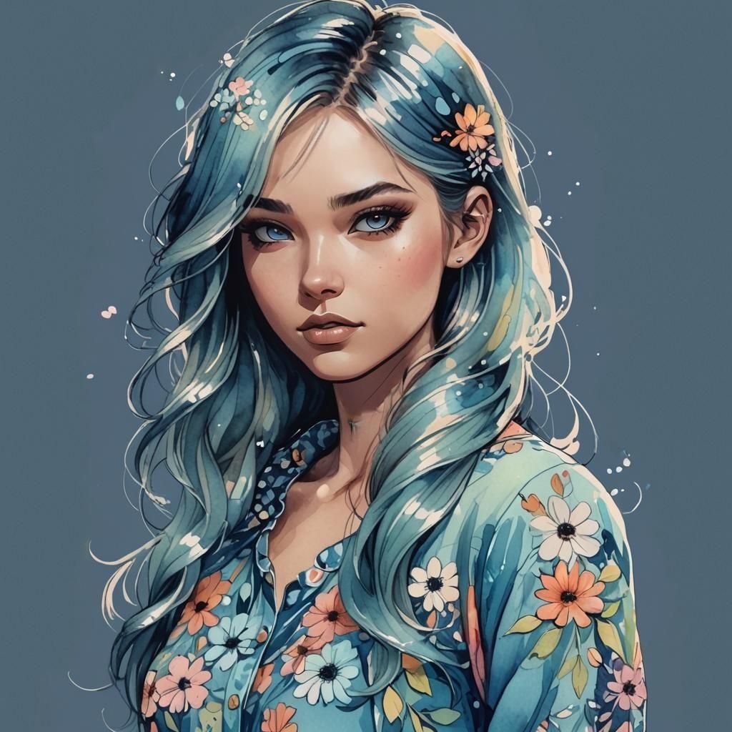 Cartoon Girl with Black to Blue Hair in Assassin Gear