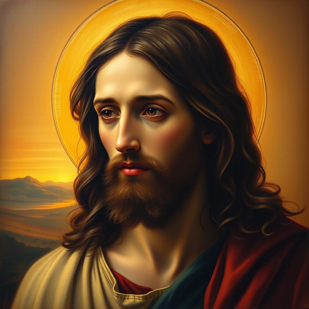 Solemn Jesus Portrait in Golden Sunset Hues