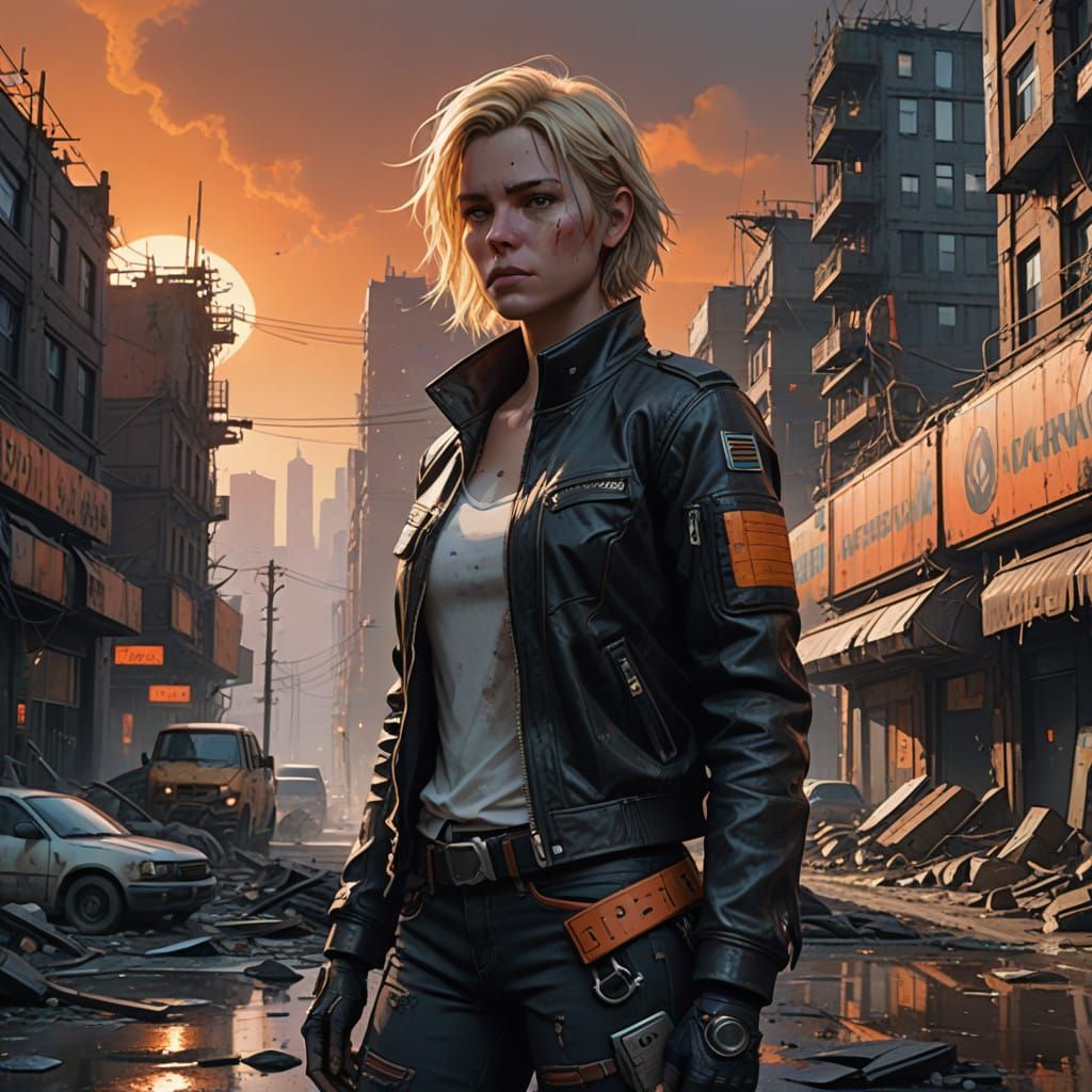 Heroic Warrior in a Dystopian Landscape in a Futuristic Cybe...