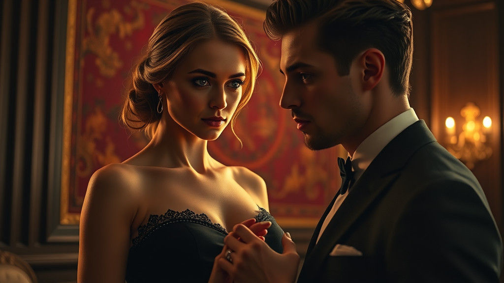 Tense Encounter in Luxurious Chamber, Hyperrealistic Detail