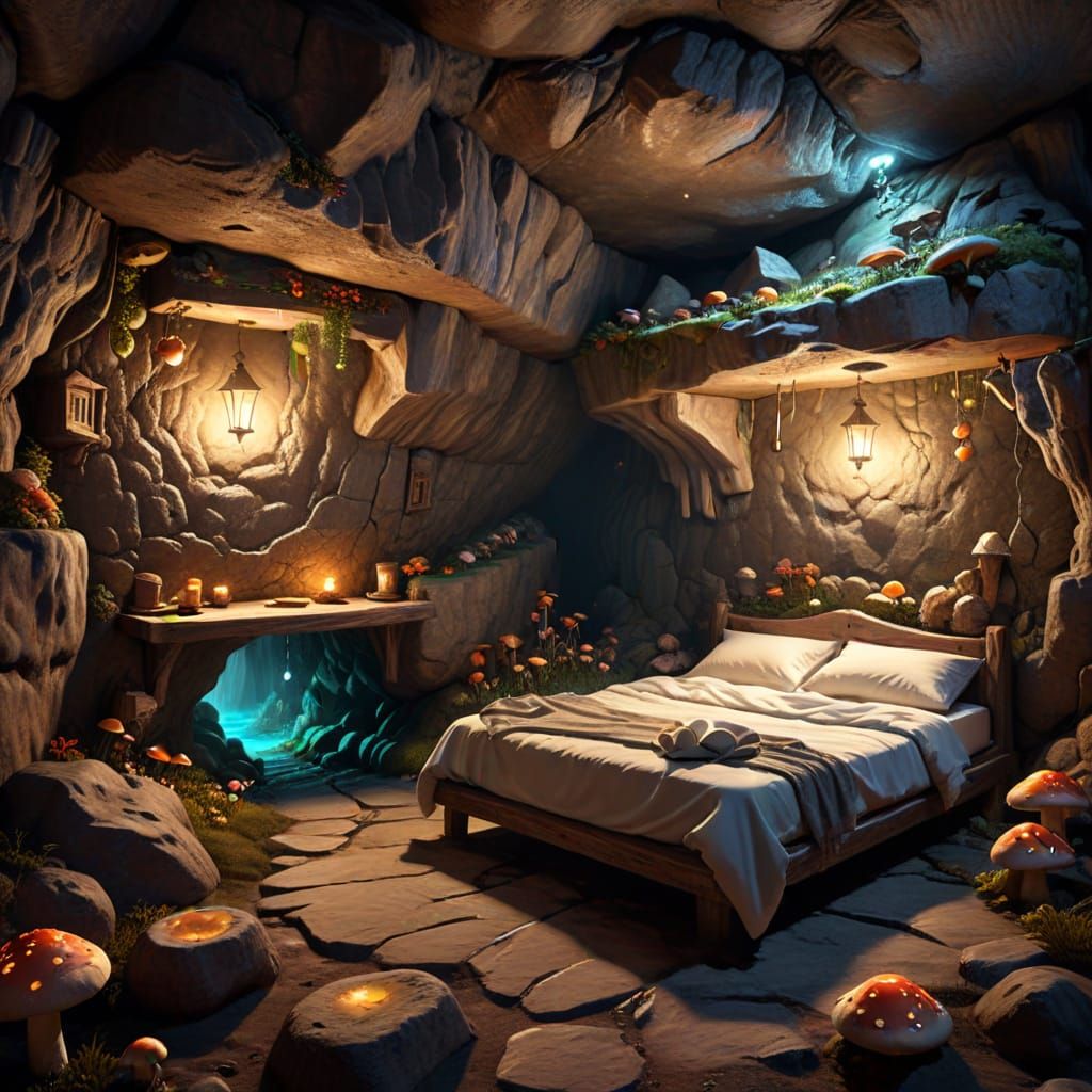 Cozy Mushroom-Lit Cave Home