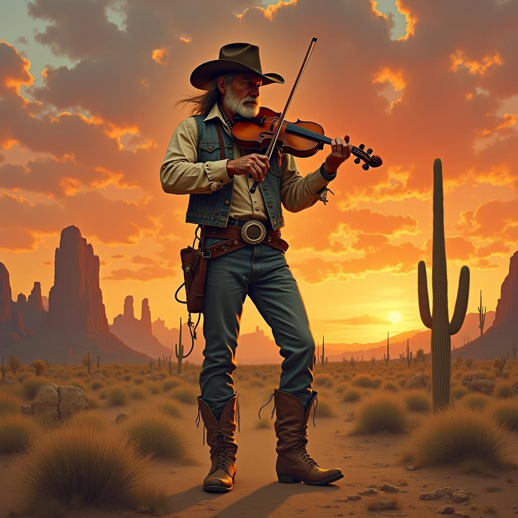 Musician Plays Violin on Western Range