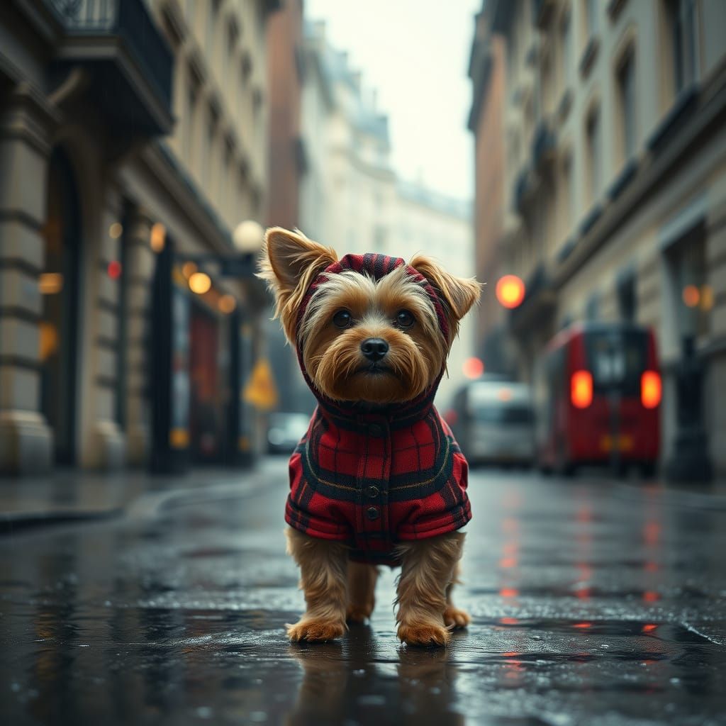Yorkshire Terrier in London's Rainy Streets, Cinematic Film ...
