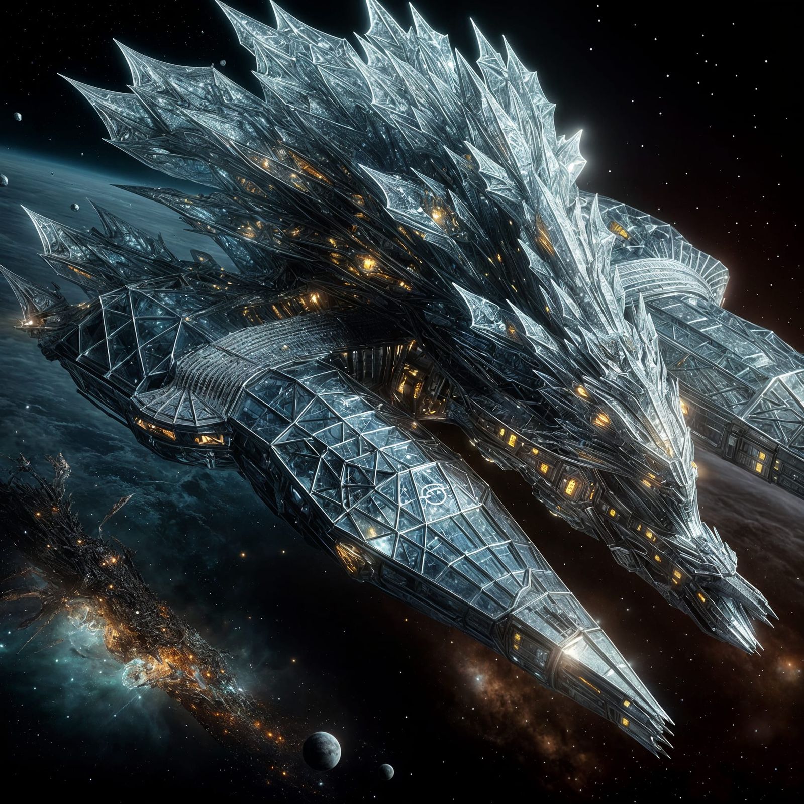 Futuristic Dragon Spaceship with Gem-Like Scales