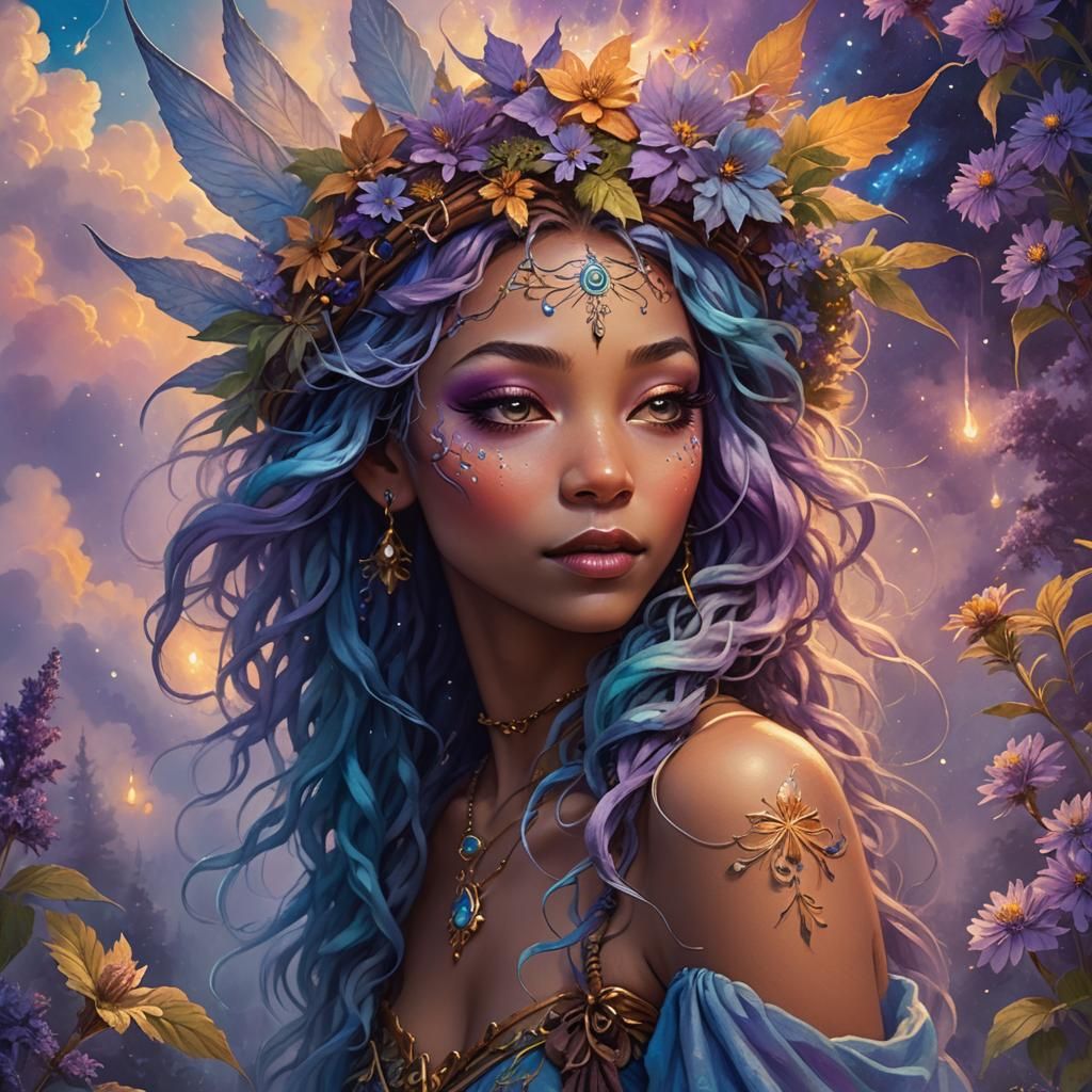 Mystical Cannabis Fairy Portrait in Warm Pastel Hues