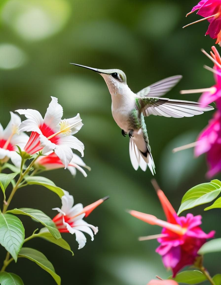 White albino ruby-throated hummingbird