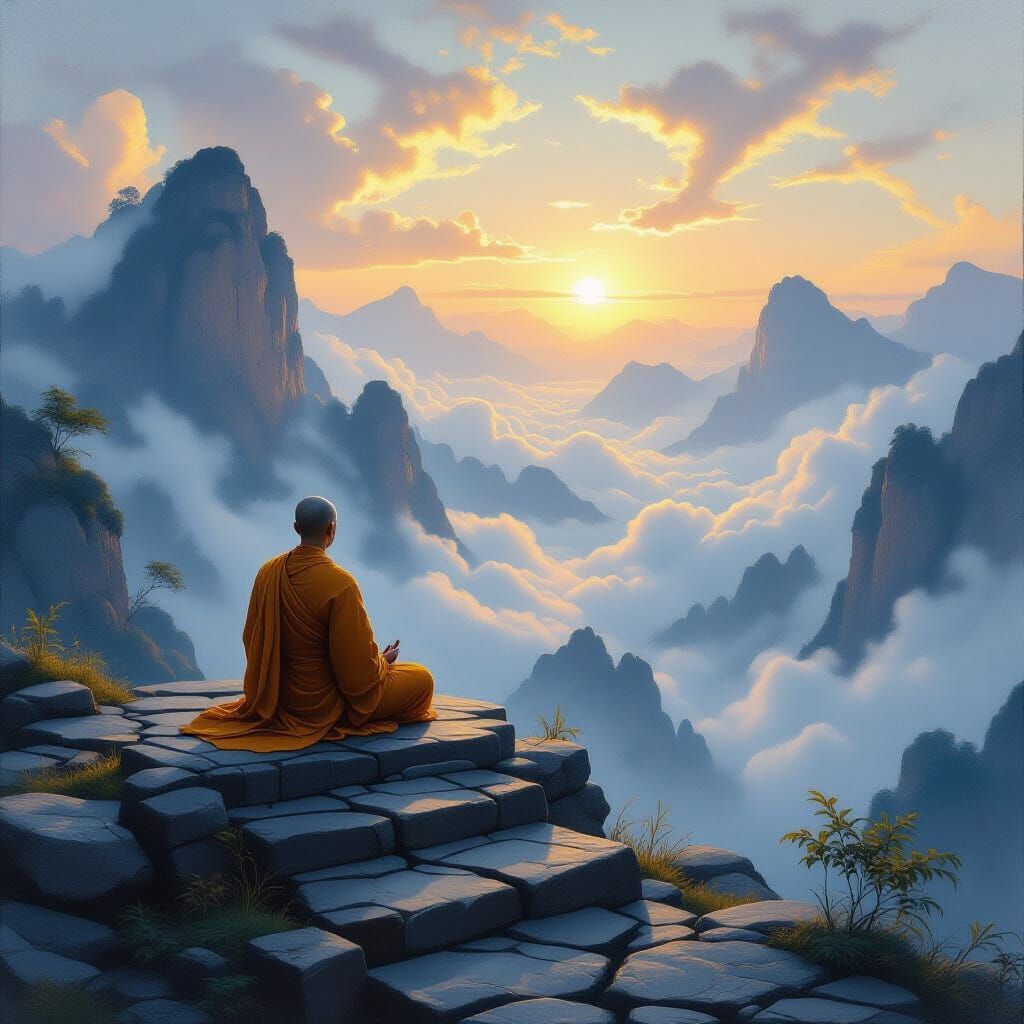 Monk Meditating at Dawn on Misty Mountain Peak