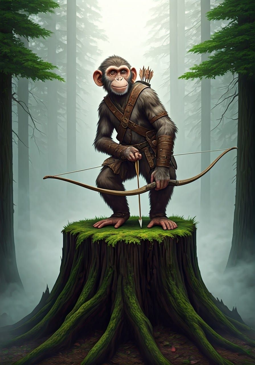 Simian Archer in Ancient Forest, Frazetta Style