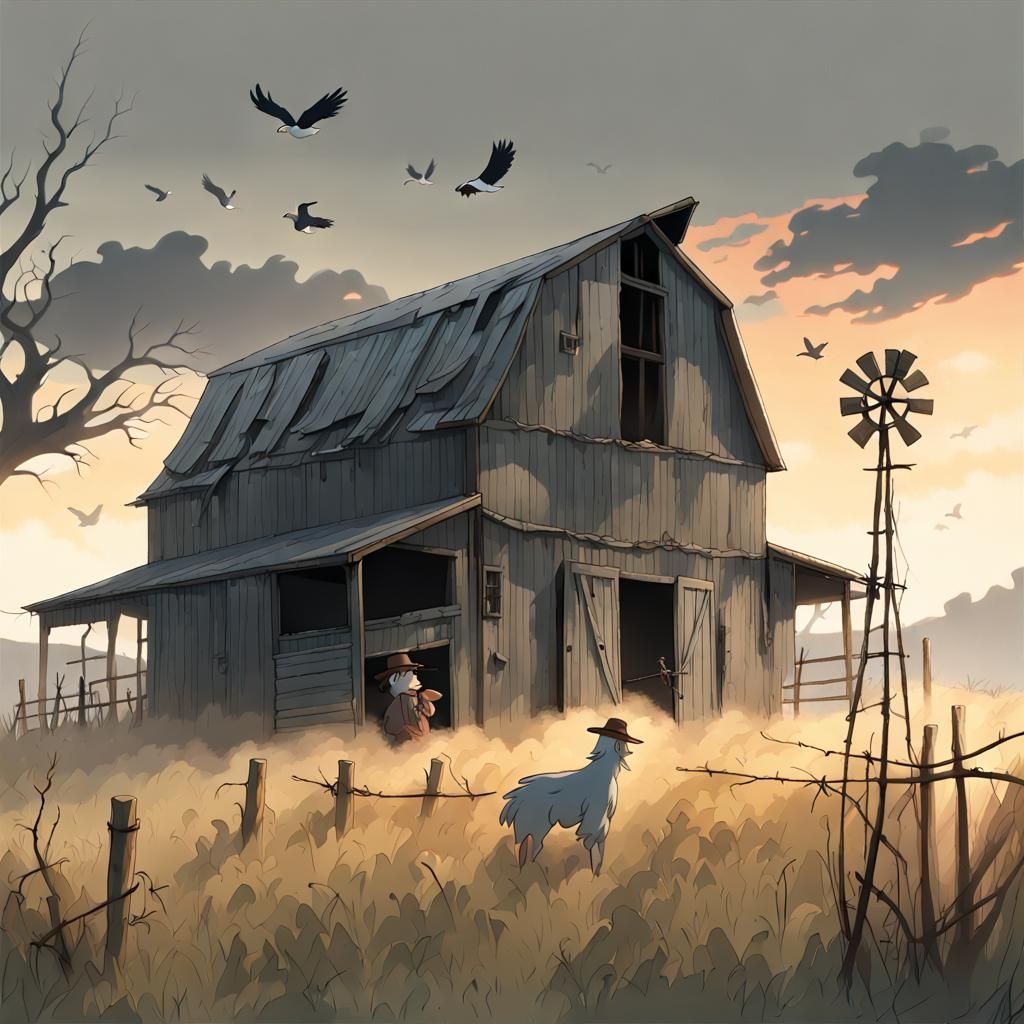 Abandoned Barn in Fog: Studio Ghibli Anime Style