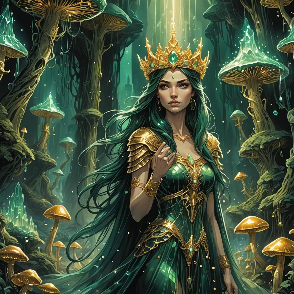 Goddess with Crystal Staff in Cavern, Comic Book Art