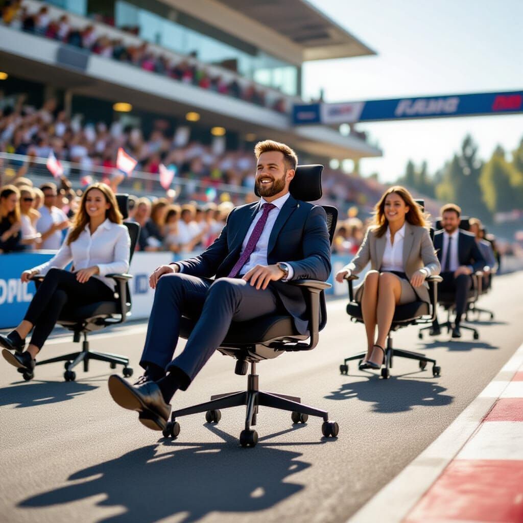 Office Chair Race on Sunlit Racetrack