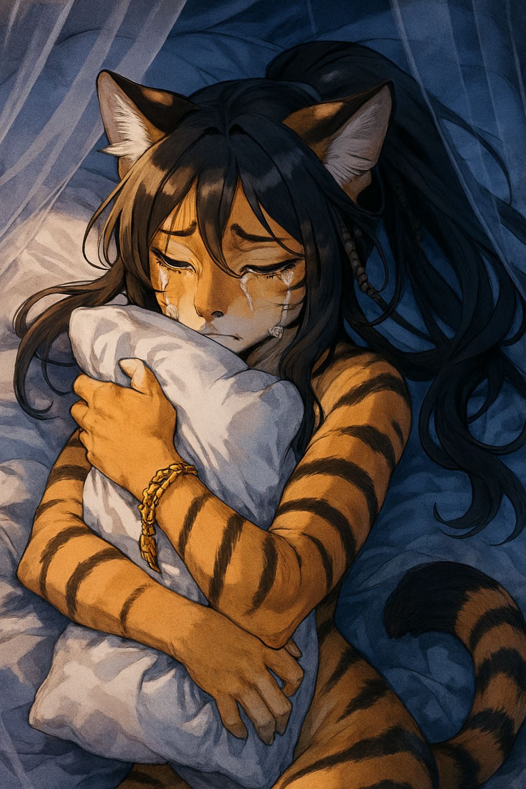 Anthropomorphic Cat Girl Crying in Anime Style