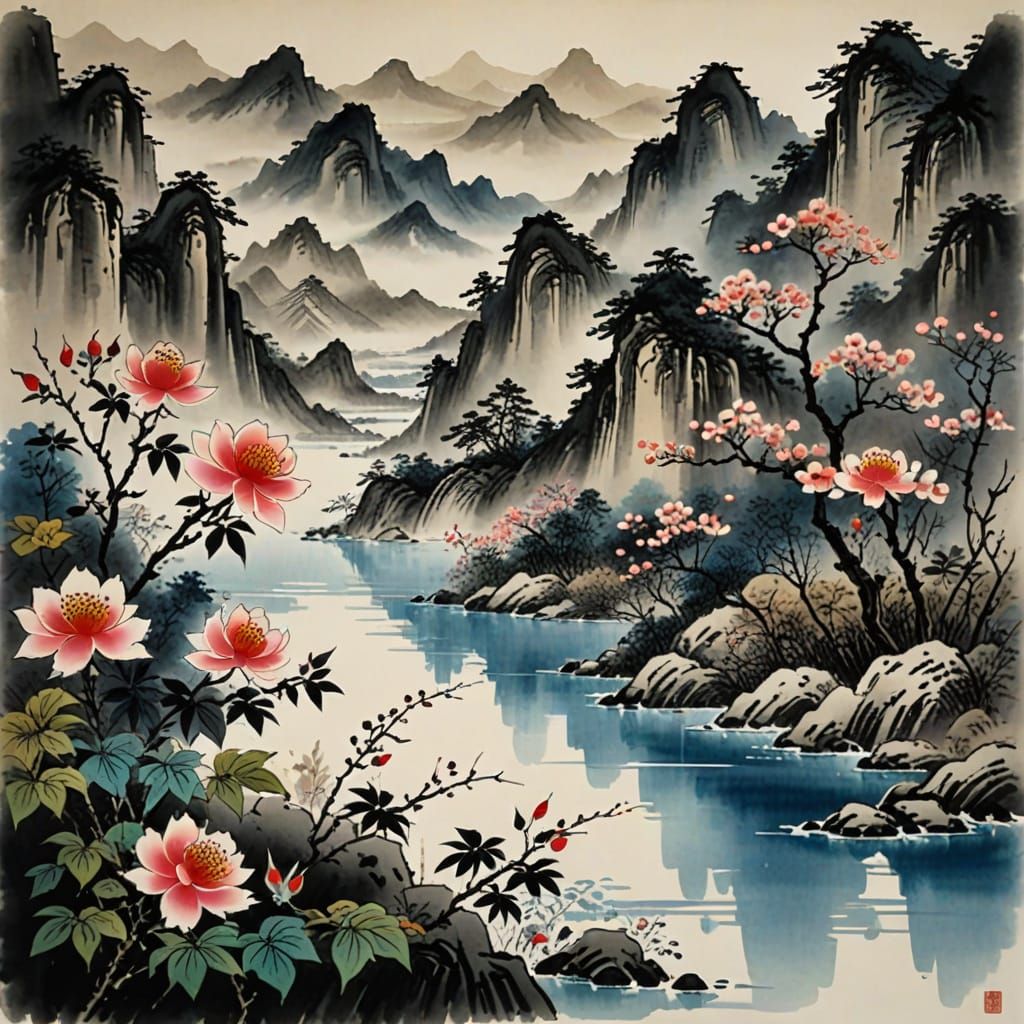 Traditional Chinese Landscape Painting with Wild Rose in Ser...