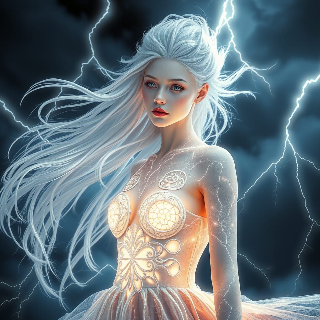 Divine Goddess Radiates Lightning Energy in Dark Stormy Drea...