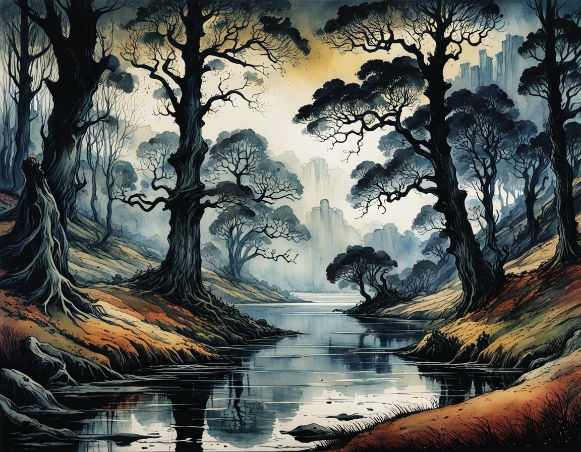 Moody and dark landscape with lake and old oak tree