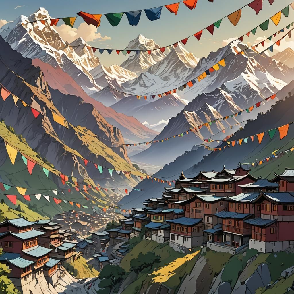 Himalayan Houses in Studio Trigger Anime Style