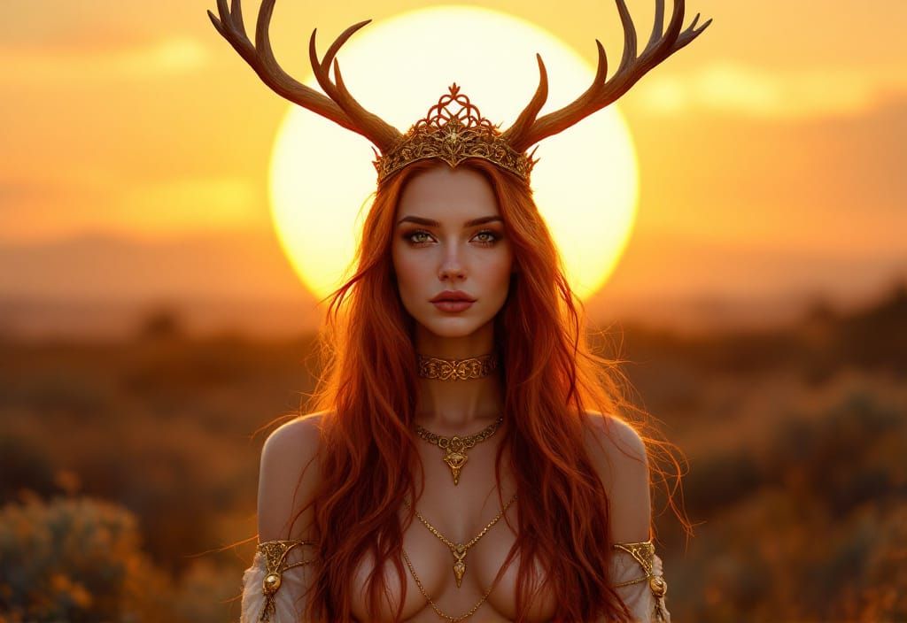 Ethereal Woman with Antlers Crown in Golden Light