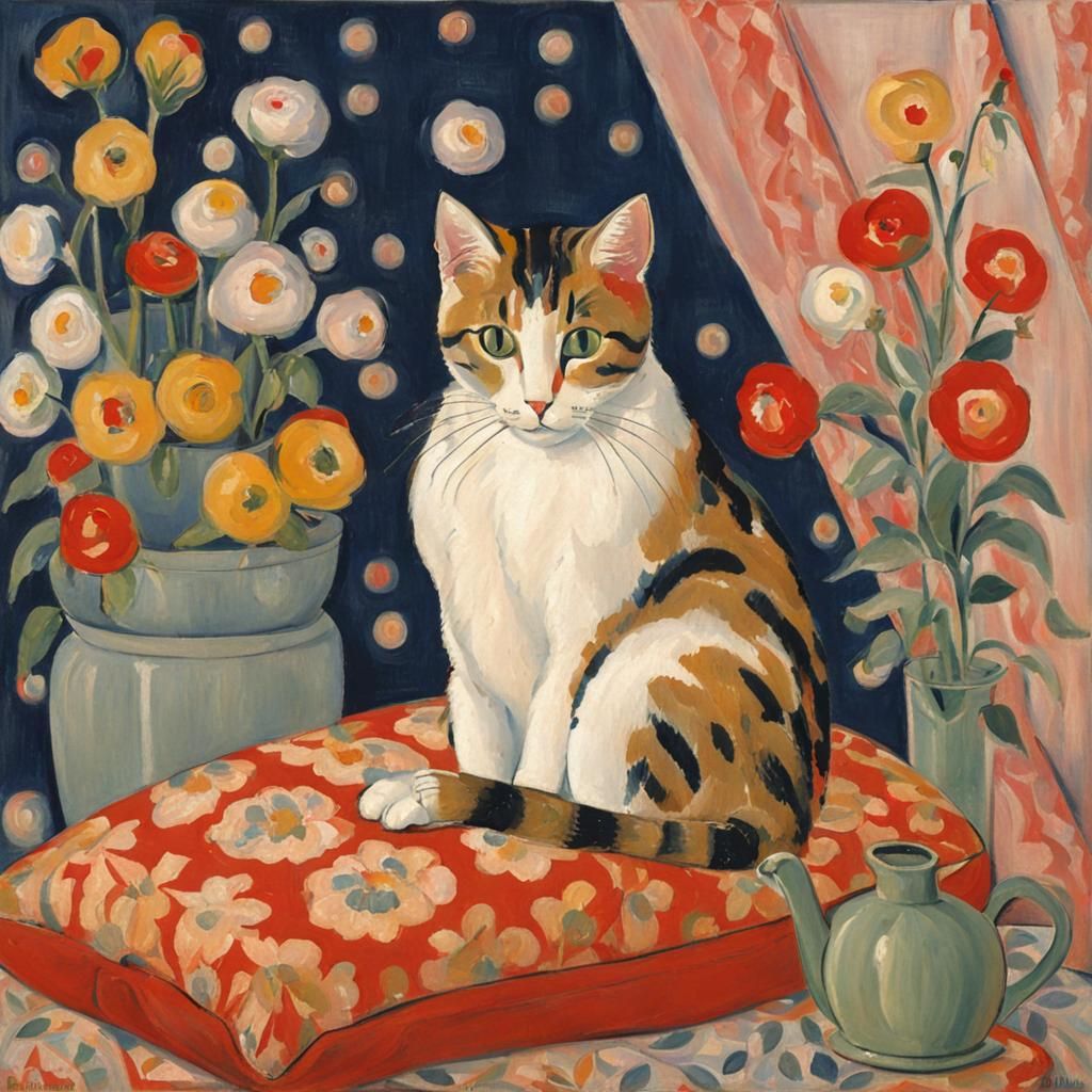 Cute Cat Surrounded by Flowers in Modernist Style