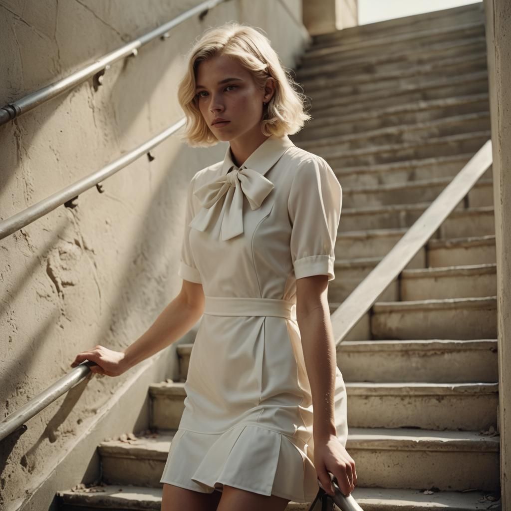 Boy in White Dress Climbing Stair, Cinematic Style