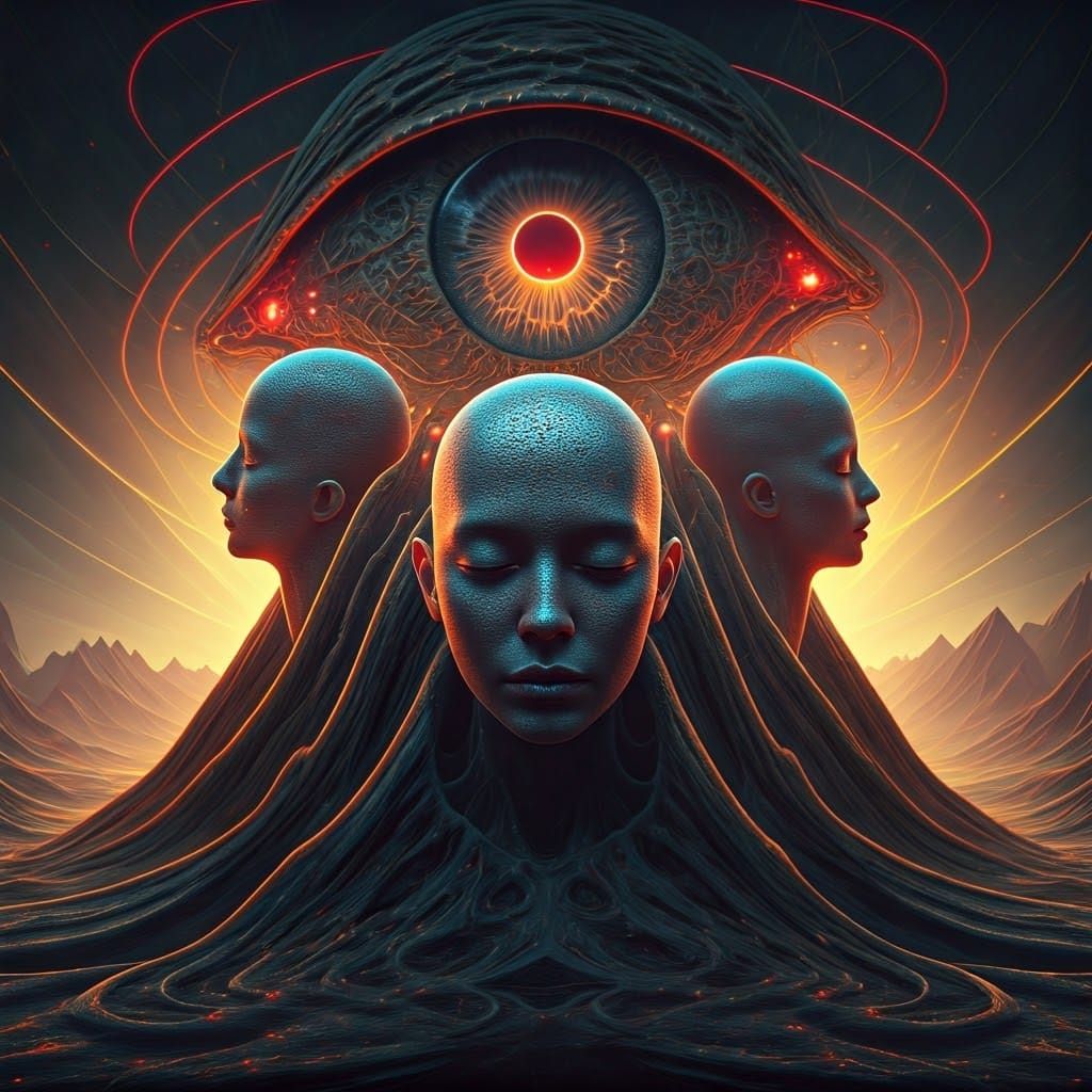 Cyberpunk Mountain Heads with Glowing Eye