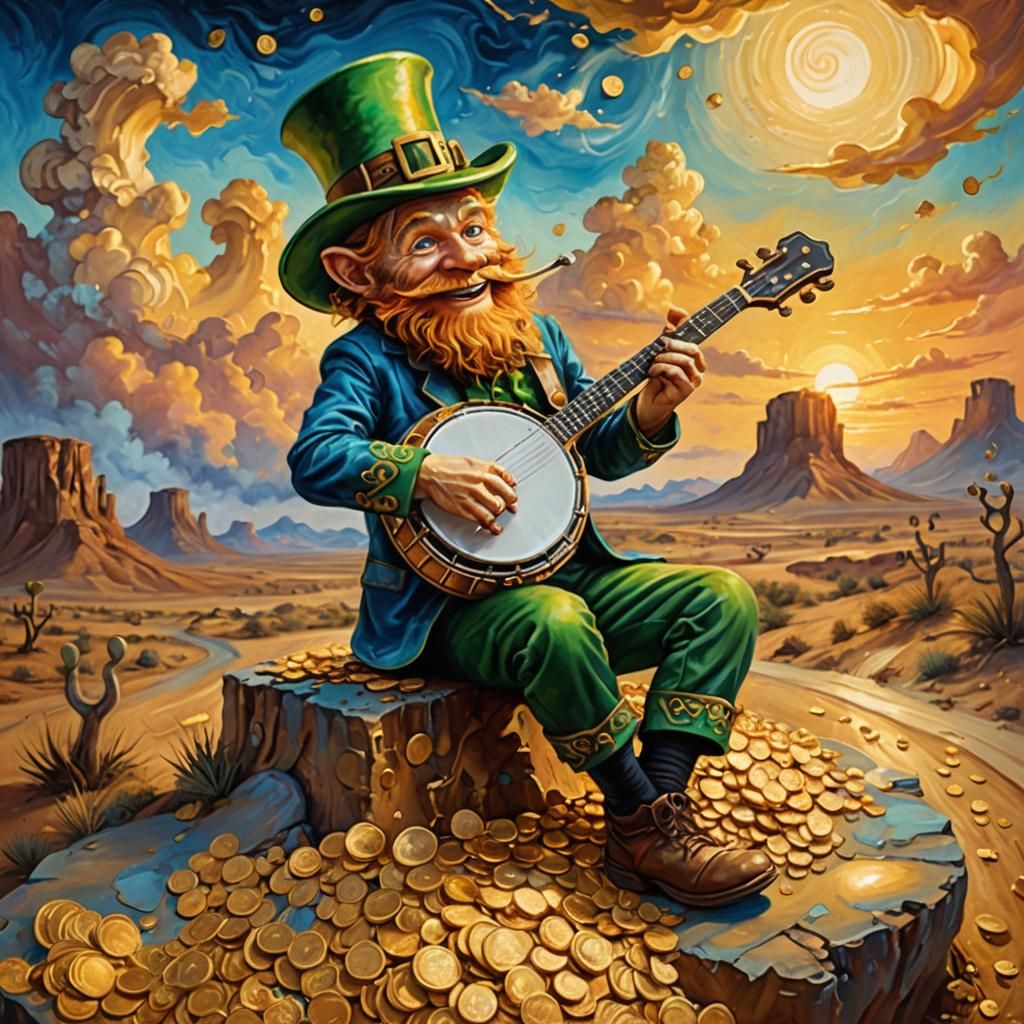 Leprechaun Plays Banjo in Surreal Desert Landscape