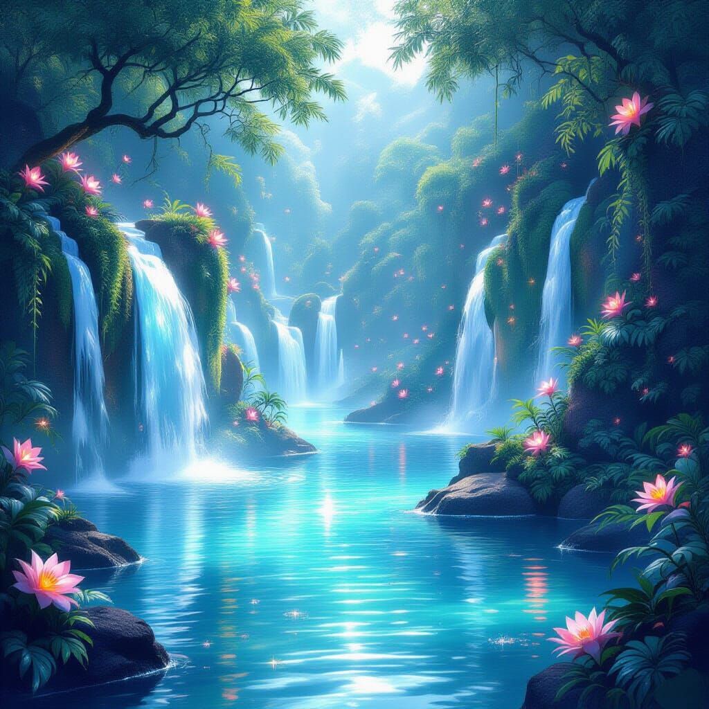 Ethereal Island Paradise with Cascading Waterfalls