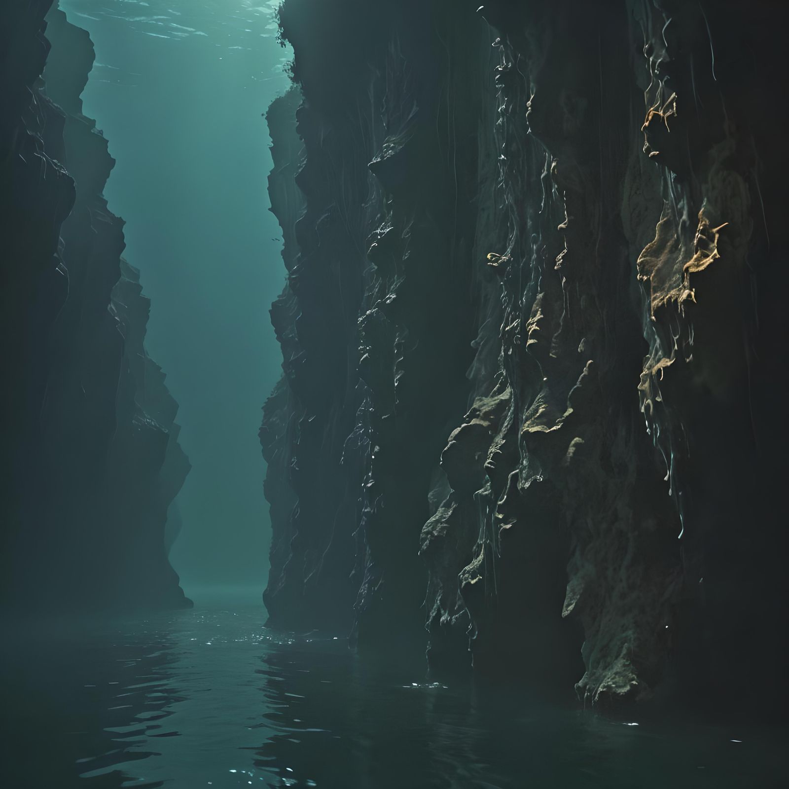 Ominous Seascape with Underwater Cliffs: Cinematic Film Stil...