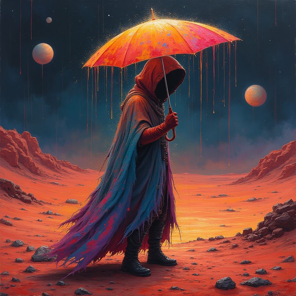 Martian in Hooded Cloak Sheltered from Rainfall