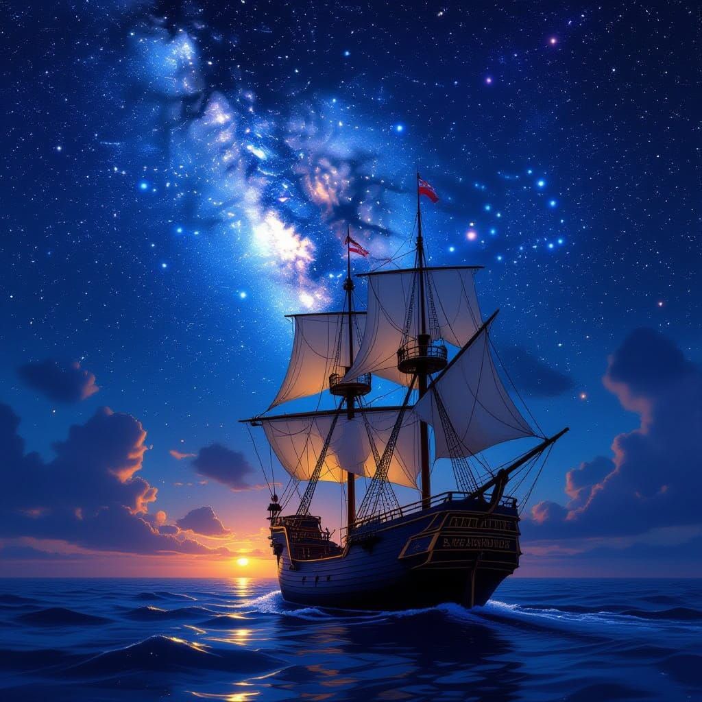 Sailing Ship Under Glowing Milky Way